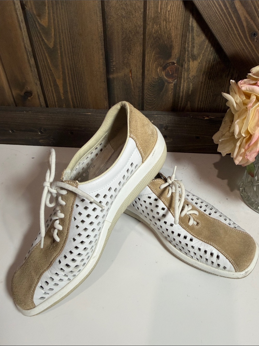 Rieker White and Beige Perforated Slip-On Loafers
